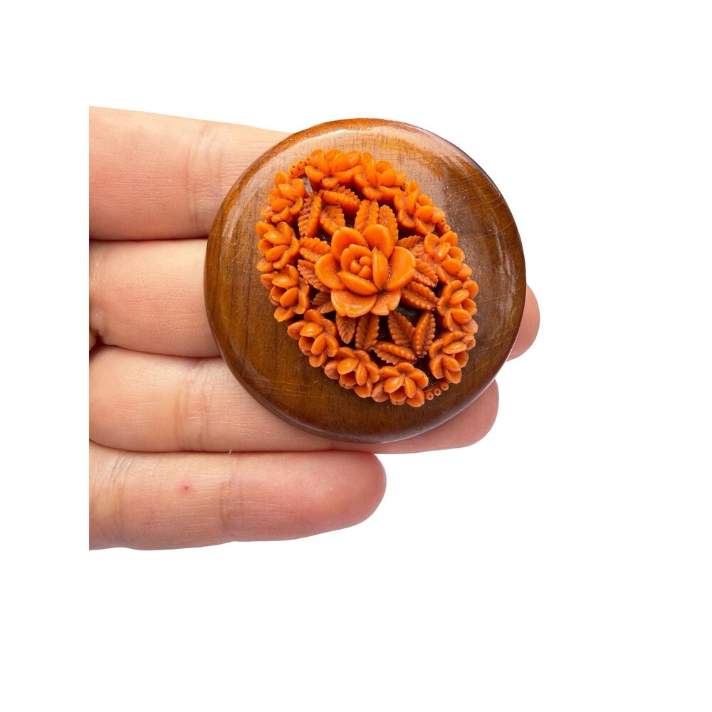 Vintage Jewelry Carved Coral Brooch Floral Pin Coral on Wooden Brooch